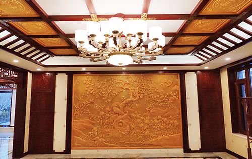 钦北中式别墅客厅中式木作横梁吊顶装饰展示