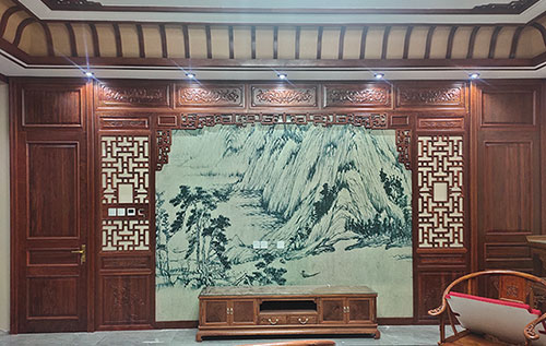 钦北中式仿古别墅客厅背景墙花格木作装饰